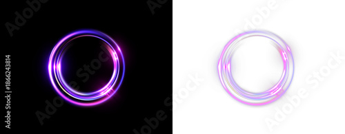 Glowing multicolor neon energy swirl rings with dynamic light trails isolated on black and transparent backgrounds