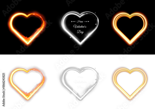 Glowing neon heart shapes with fiery and light effects for valentine design isolated on black and transparent backgrounds