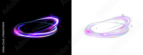Glowing purple neon energy rings with magical light trails isolated on black and transparent backgrounds