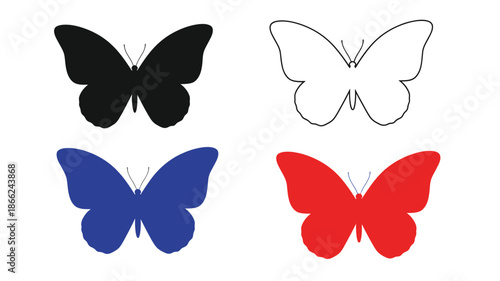 Four colorful butterfly illustrations black white blue and red designs
