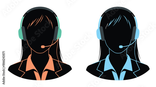 Two faceless customer support representatives with headsets in teal and orange hues