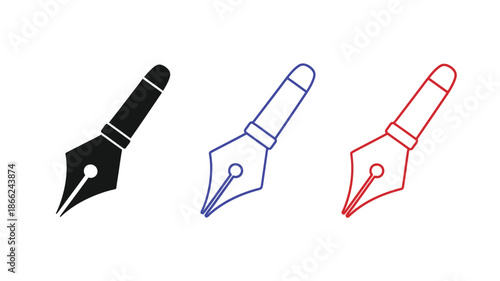 Three fountain pens in different colors black blue and red outlined