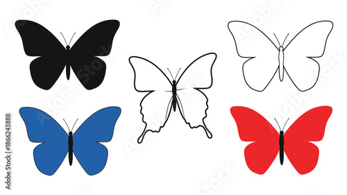 A collection of four colorful butterflies in different shades and styles