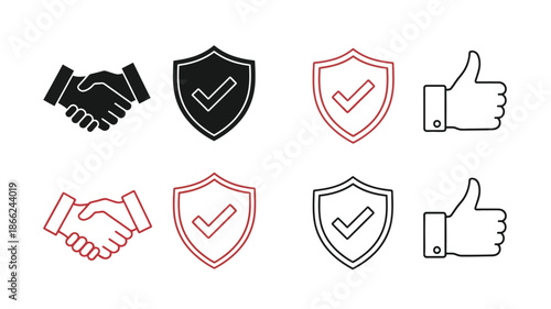 Illustrations of handshakes shields with checkmarks and thumbs up gestures