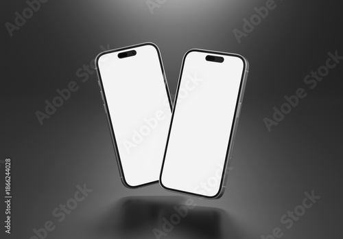 PARIS - France - January 05, 2026: Apple smartphone, Iphone 16 pro max silver. Two mobile phones mockup floating on black. 3d rendering