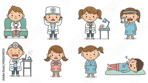 Collection of cute cartoon children doctors and young patients in various healthcare scenarios, depicting medical consultations, examinations, and illness for pediatric health and education themes
