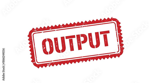 A distressed red rubber stamp displaying the word output in bold lettering