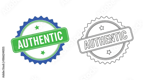 Two authentication badges one colored and one monochrome depict verified status