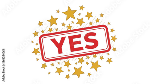 A red stamp with the word yes surrounded by golden stars