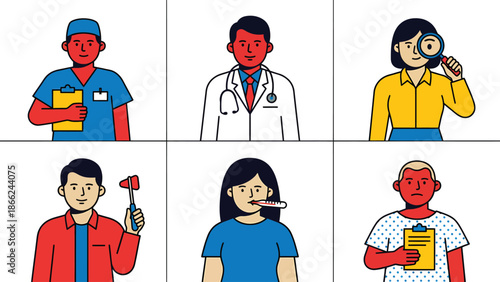 Diverse Medical Professionals and Patients in Minimalist Illustration Style