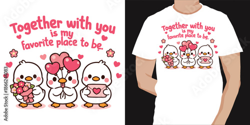Together with you is my favorite place to be t shirt design featuring three cartoon ducks holding romantic balloons cute illustration for couples love apparel