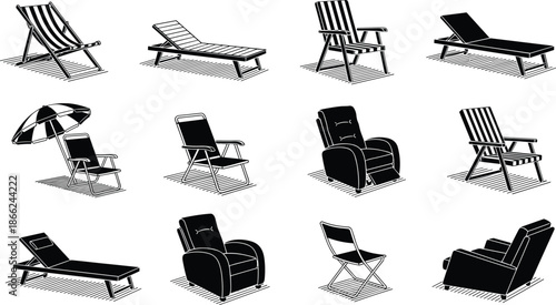 Collection of modern beach chairs, lounge recliners, deck chairs, and outdoor seating icons, designed in black silhouette style for summer illustrations, vector