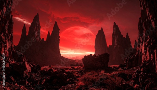 Otherworldly fantasy scary dark red planet with sharp, very tall rocks and red sky. Round light portal on the horizon. 
