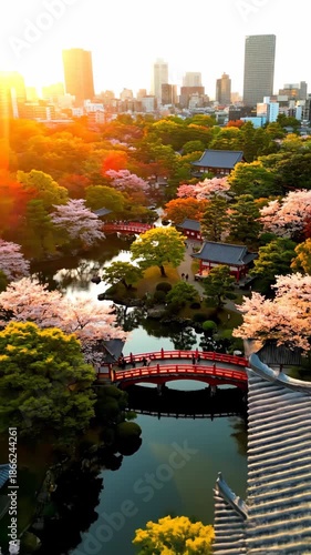 Serene Cherry Blossom Park with Traditional Pagoda and Sunset Over City Skyline in Urban Japan