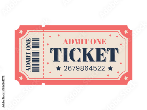 Retro Admit One Ticket. Coupon for film, movie, cinema, circus, carnival, festival. Vector. 