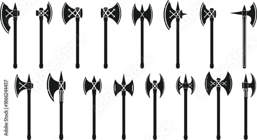 Collection of medieval battle axe silhouettes, black vector illustration of ancient weapons, fantasy war tools, viking axe design elements