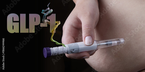 Weight loss and diabetes treatment. Person using Mounjaro insulin injector pen or GLP-1 injection for shot in abdomen. Obesity hormone therapy, hormonal medication, semaglutide injection, healthcare