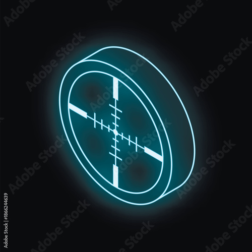 Neon blue isometric target glowing on a black background, representing focus, precision, and accuracy