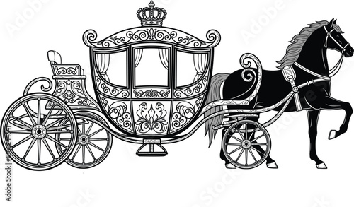 Ornate black silhouette of a royal horse and carriage with intricate filigree patterns and a crown for fairytale weddings, luxury branding, and historical themes.
