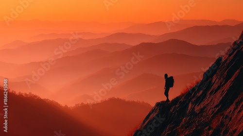 Backpacker standing on a mountain peak (silhouette), looking at the sunrise, success and achievement concept