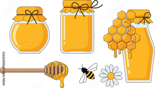 Organic honey vector set with glass jars, dripping dipper, golden honeycomb, cute bee, and chamomile flower for healthy food packaging and branding.