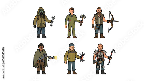 Post Apocalyptic Survival Characters Warriors Builders and Survivors with Tools Pixel Art Icons