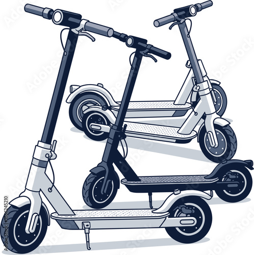 Modern electric scooter vector set with multiple views of foldable motorized kick scooters for urban transportation and eco-friendly city commuting design elements