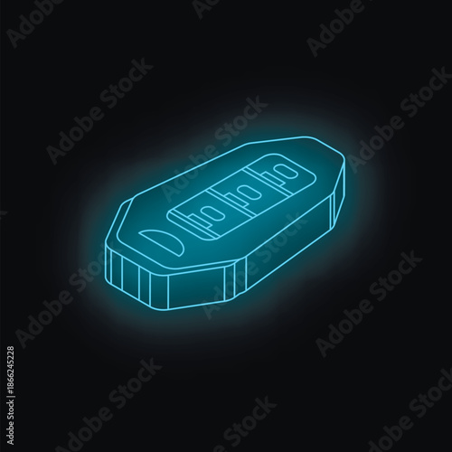 Neon glowing car key isolated on a black background, representing security, technology, and access