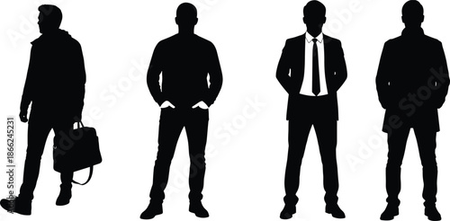 Set of four male silhouettes, business man in suit and casual guys standing and walking with bag, isolated vector illustration.
