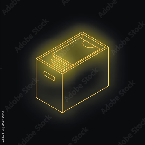 Glowing yellow archive box storing files, isometric view on black background