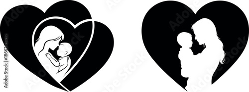 Motherhood love heart silhouette vector illustration isolated on transparent background