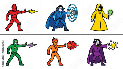 Cartoon Superhero Team Collection Diverse Magical Powers and Cosmic Abilities for Fantasy Adventures