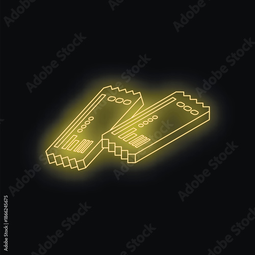 Pair of illuminated tickets representing access, entertainment, and events, glowing with vibrant neon yellow light against a dark backdrop