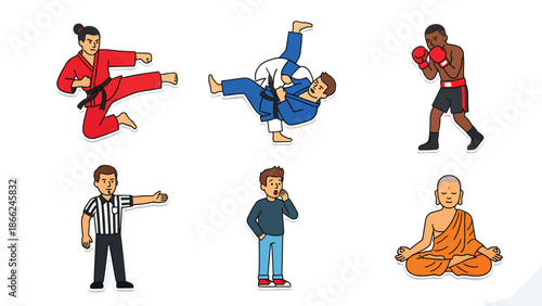 Diverse Martial Arts Boxing Referee Meditation Sports Icons Set Conceptual Vector Illustrations