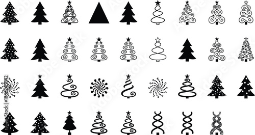 Christmas tree icons collection, abstract spiral holiday trees, black and white decorative symbols, modern festive design elements, vector illustration set