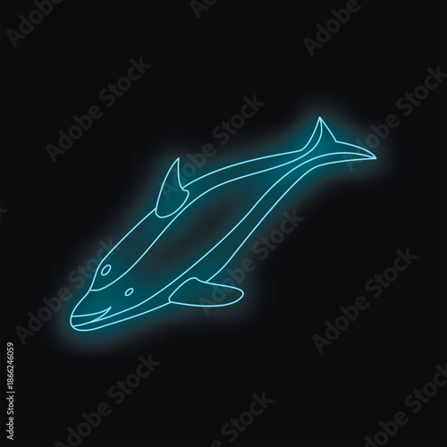 Neon blue dolphin gracefully swimming through dark ocean depths, creating a mesmerizing underwater spectacle