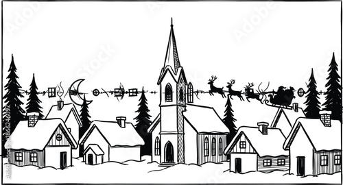 Christmas village winter night illustration with church steeple Santa sleigh reindeer snowy houses festive holiday line art scene traditional sketch
