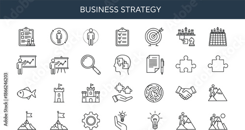 Business strategy icons, planning tools, goal setting, teamwork, innovation, analysis, achievement, growth chart, process, management, leadership, success