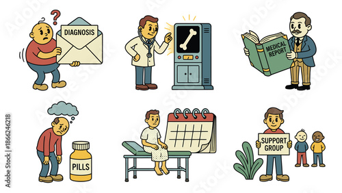 Medical Health Checkup and Diagnosis Collection Doctor Patient X ray Pills Calendar Support Group Diagnosis Letter