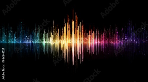 A vibrant abstract representation of sound waves in a spectrum of color, reflecting on dark