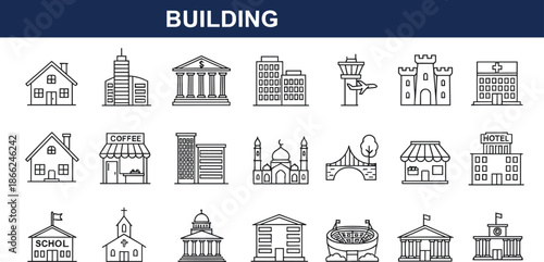 Building icons, architecture symbols, city structures, editable vector set, minimal, isolated, modern, urban design, infrastructure, real estate