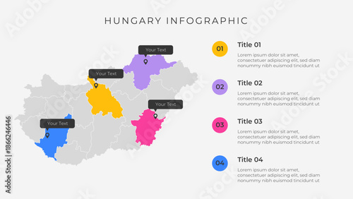 Hungary map infographic template with 4 options. Hungary political map infographic for presentation.