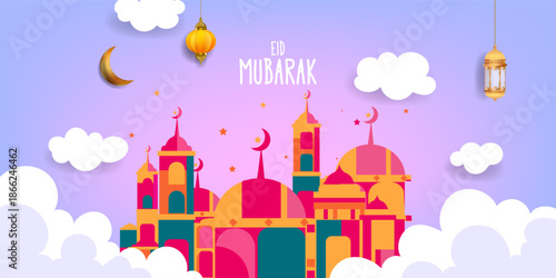Ramadan Mubarak Islamic greeting card with mosque, stars, moon and lantern vector illustration background.