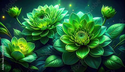 Lush Green Lotus Flowers in a Mystical Garden Setting.