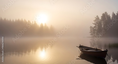 Serene Morning Lake - A Boat Amidst the Misty Dawn.