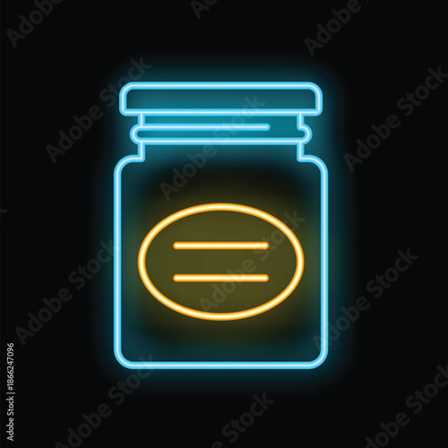 Bright neon icon of a glass jar with a lid containing jam, honey, or other food preserves, glowing on a dark background