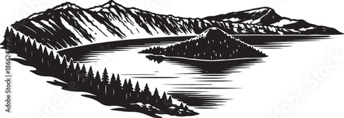 Crater Lake Silhouette with Volcanic Landscape