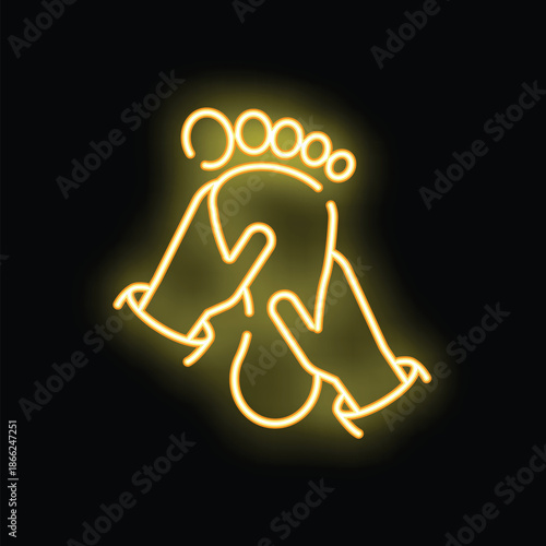 Yellow neon icon of professional masseur massaging foot with hands