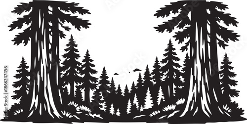 Redwood Forest Landscape Silhouette Black and White Vector Illustration