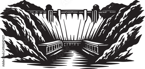 Hoover Dam Silhouette Black and White Vector Illustration